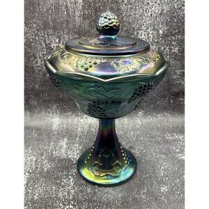 Indiana Carnival Glass Harvest Grapes Iridescent Blue Compote Bowl Pedestal lid